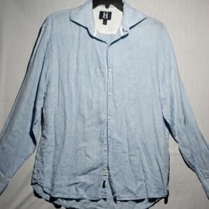 Tommy Hilfiger 100% Linen Light Blue Long Sleeve Button-up Mens Shirt Size Large